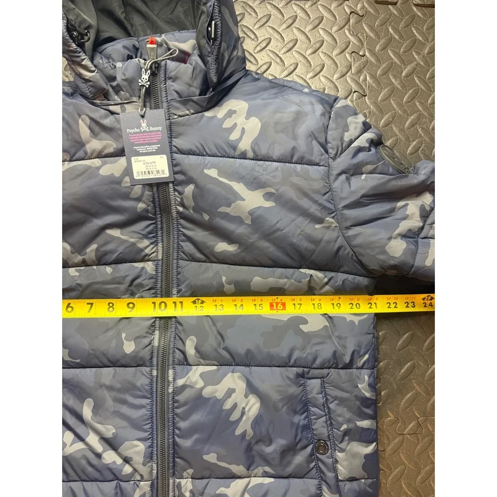 Psycho Bunny Mens Camo Hooded Puffer Jacket Blue Grey XS B6N809U1NL NEW